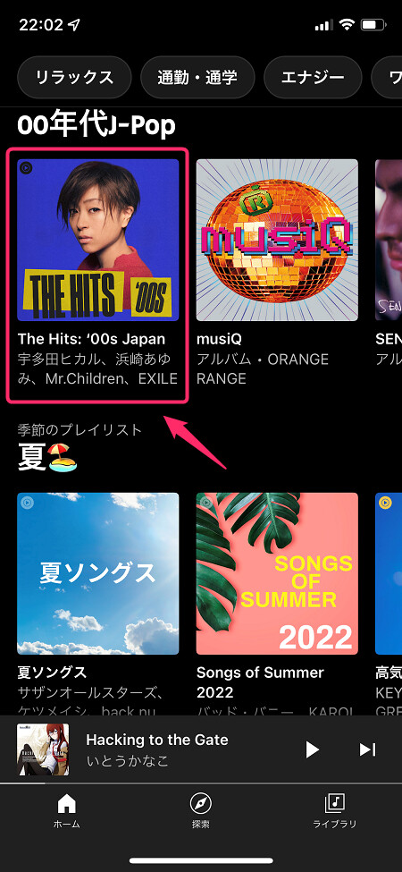 プレイリストをタップすると収録曲一覧が開く