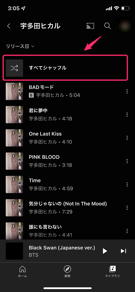 各アーティストの項目を開くと、楽曲をシャッフル再生できる