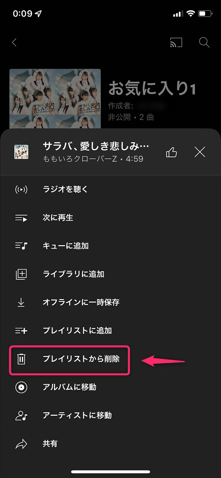 楽曲を削除する場合は「︙」でメニューを開き「プレイリストから削除」をタップ